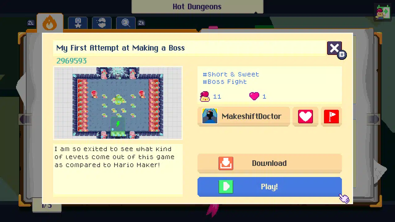 You don't see a lot of information when looking at user creations on Super Dungeon Maker.