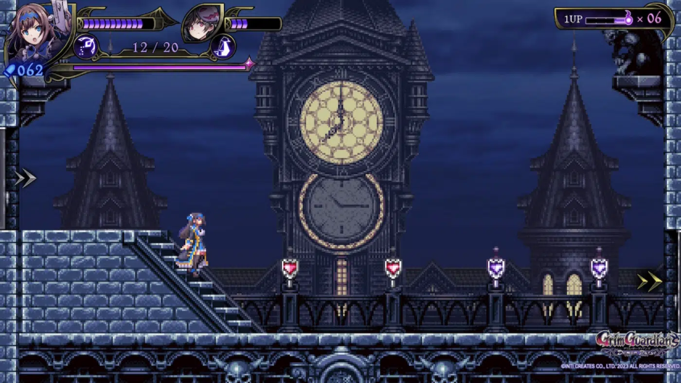 Shinobu stands in front of a clock tower that looks very similar to one from castlevania