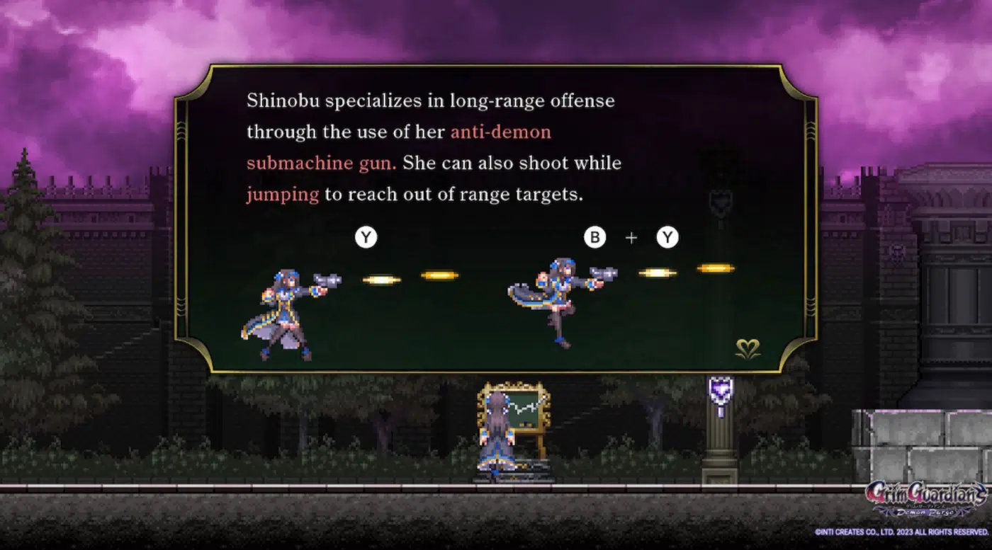 Tutorial screen shows how shinobu's submachine gun works