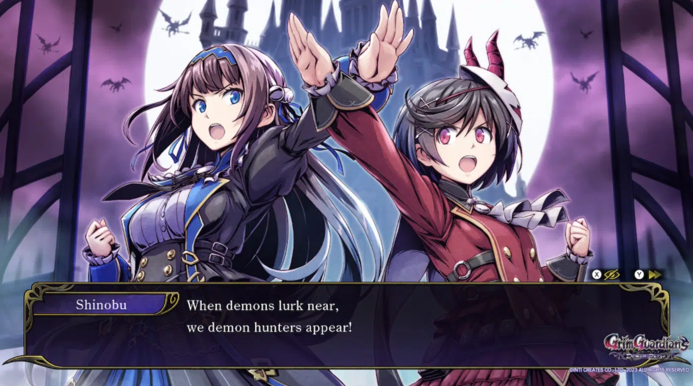 Gal guardians cut scene. The sisters exclaim, "when demons lurk near, we demon slayers appear! "