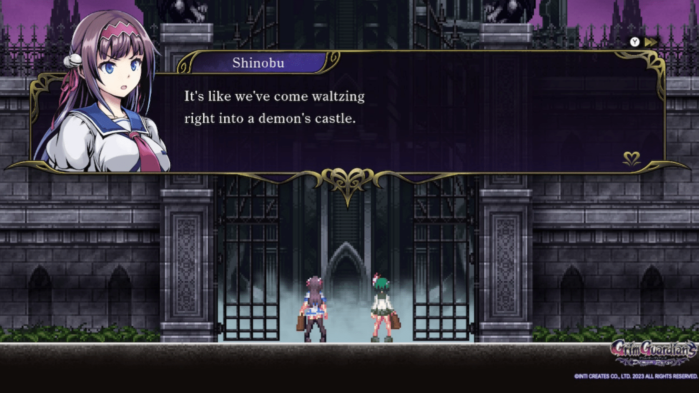 In the intro to gal guardians, two girls stand at the castle gate. Shinobu says "it's like we've come waltzing right into a demon's castle."