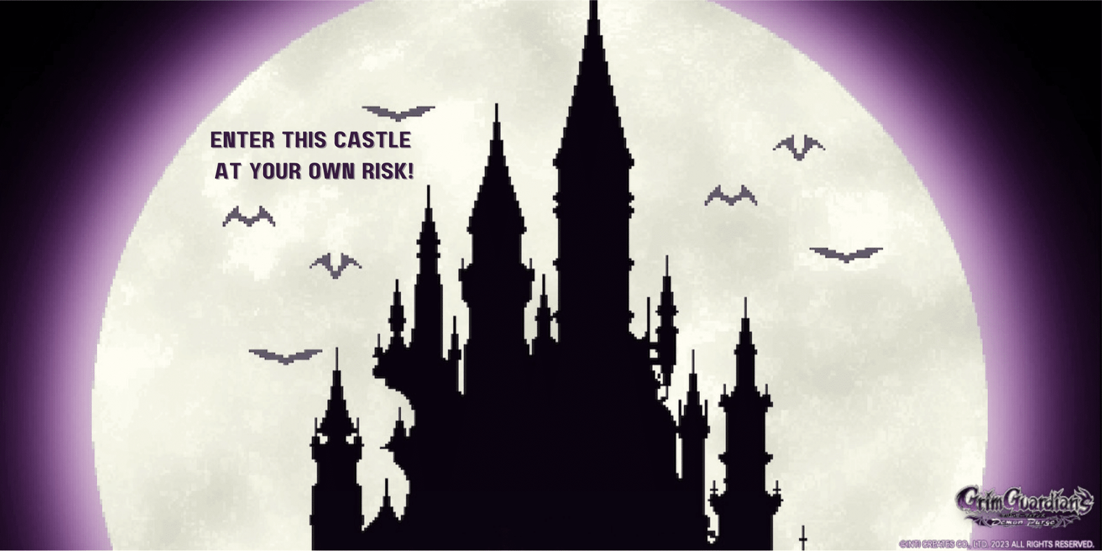 A spooky castle stands before a giant full moon. Caption: enter this castle at your own risk!