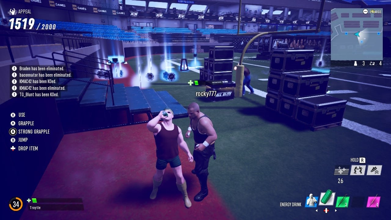 Chugging an energy drink to protect myself from mox in aew: fight forever's Stadium Stampede mode.
