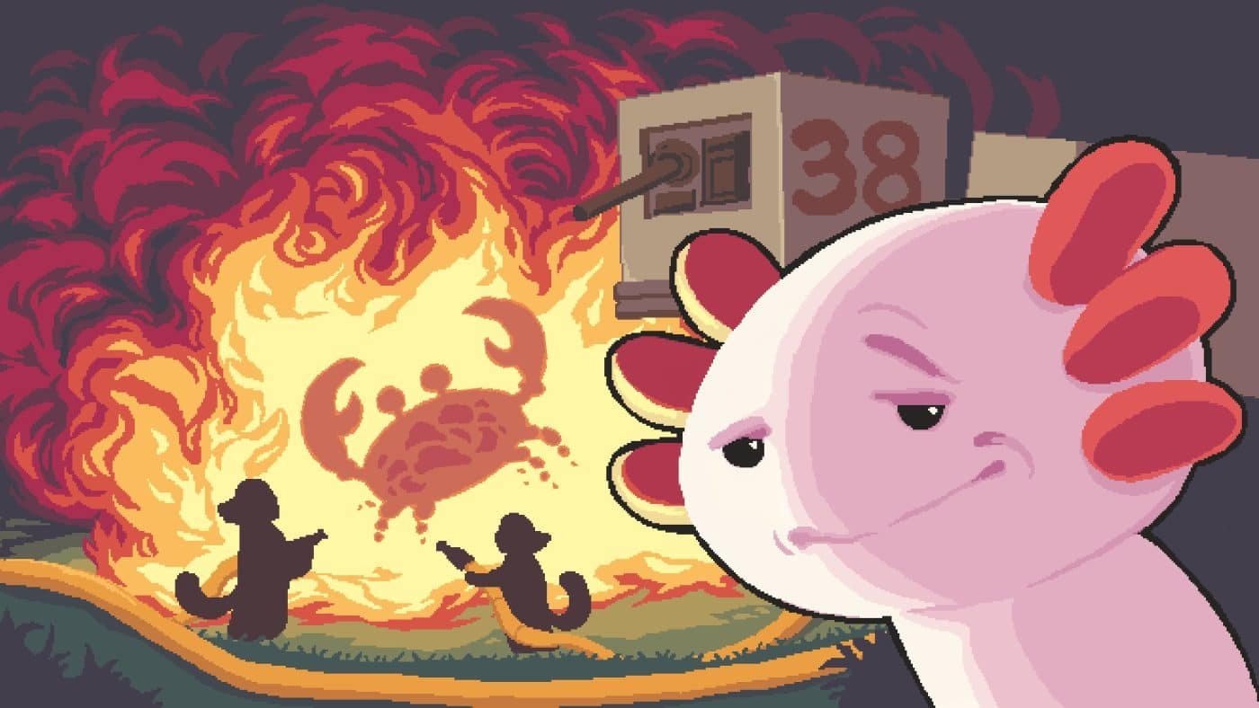 The axolotl reenacts the "fire girl" meme as the giant crab burns