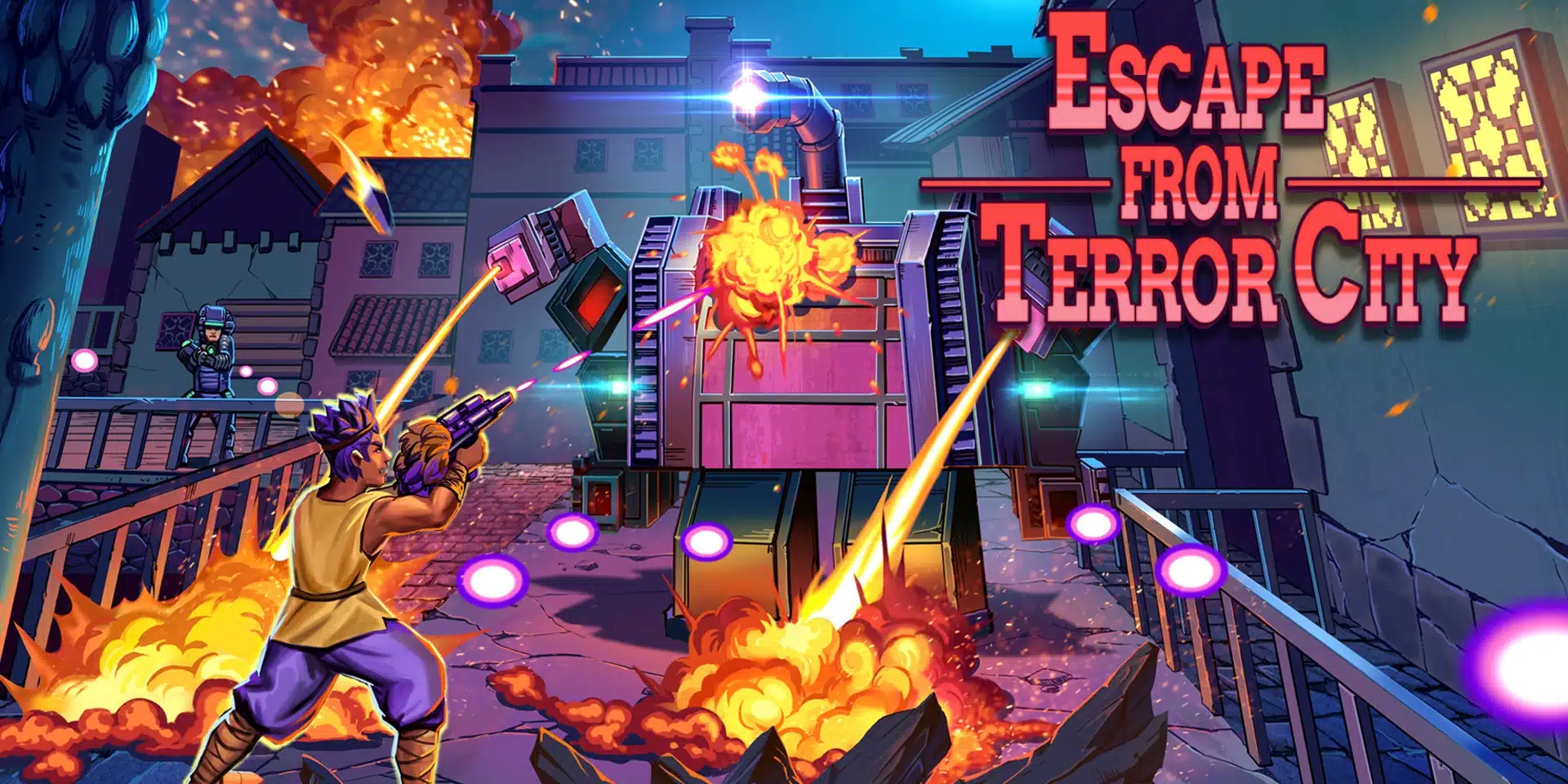 Escape from Terror City cover art depicting a man battling a giant robot