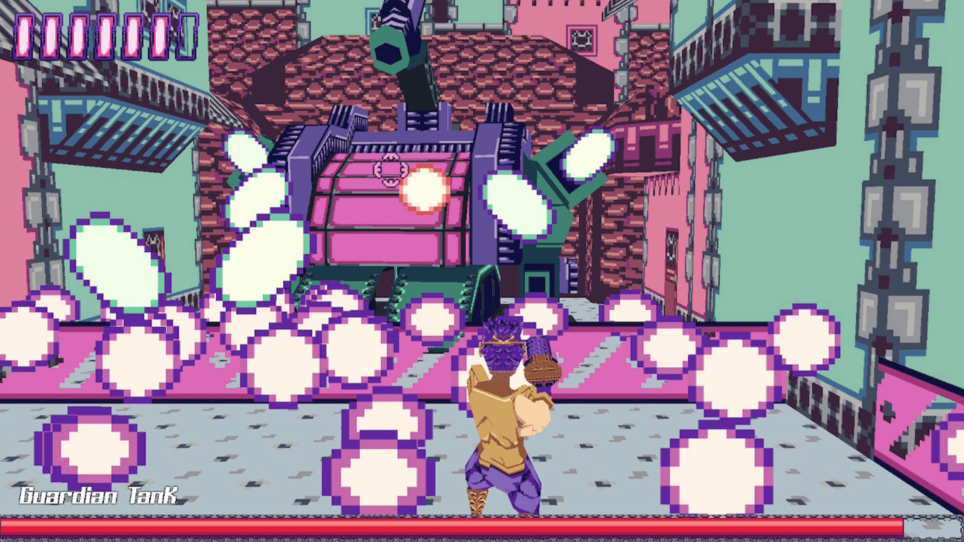 A giant robot sprays bullets at the hero in proper bullet-hell shmup style.