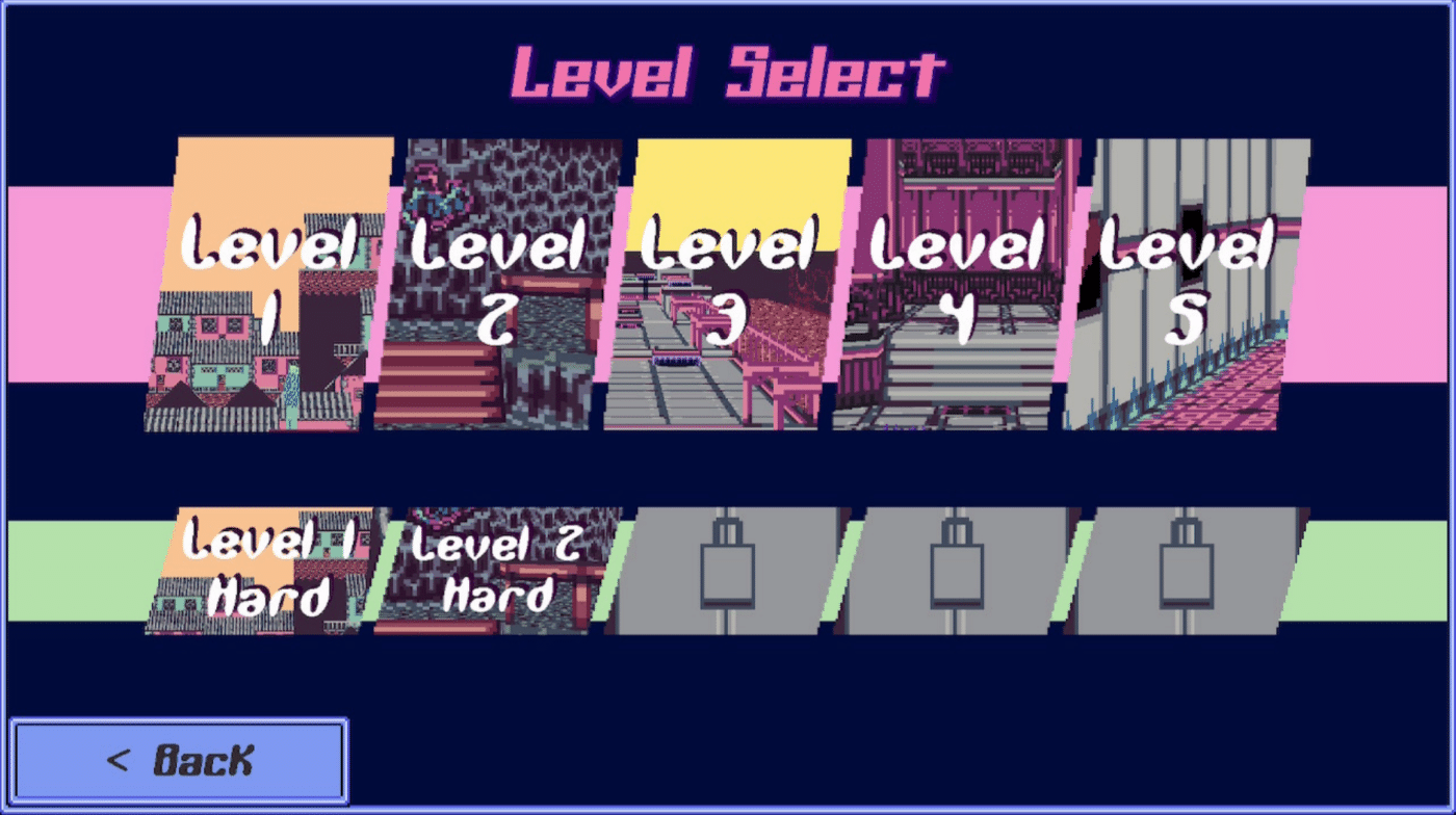 Level select screen showing 5 normal mode levels and 5 hard mode levels