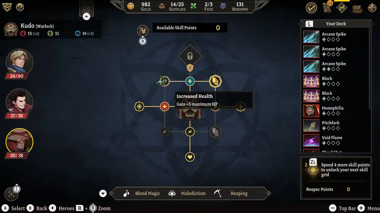 Like the world map, character progression in gordian quest is also an expanding grid of nodes.