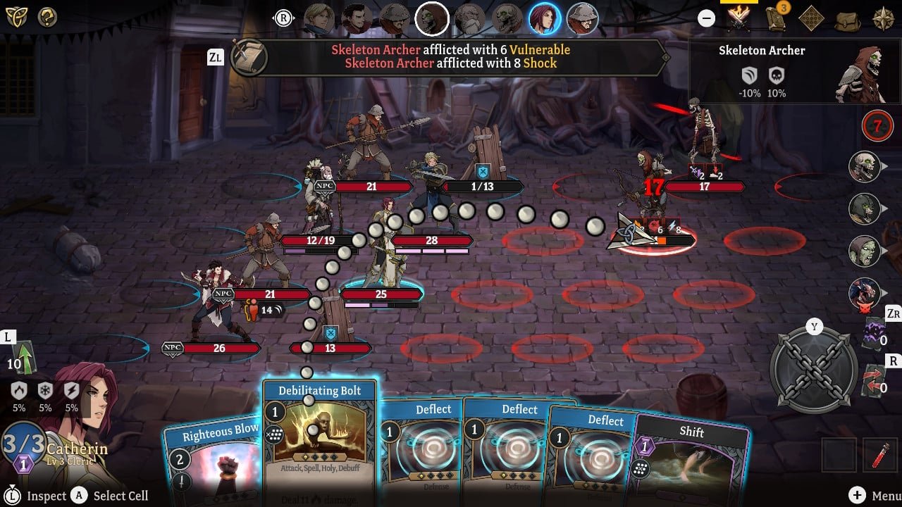Gordian quest plays out combat using cards and a small grid.