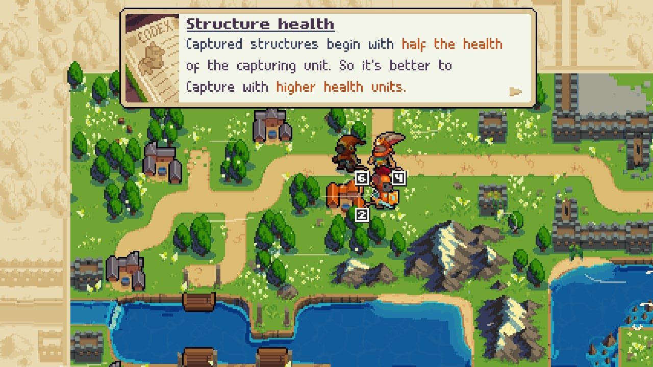 Wargroove 2's tutorial uses character dialog and helpful pop-ups to explain the games mechanics.