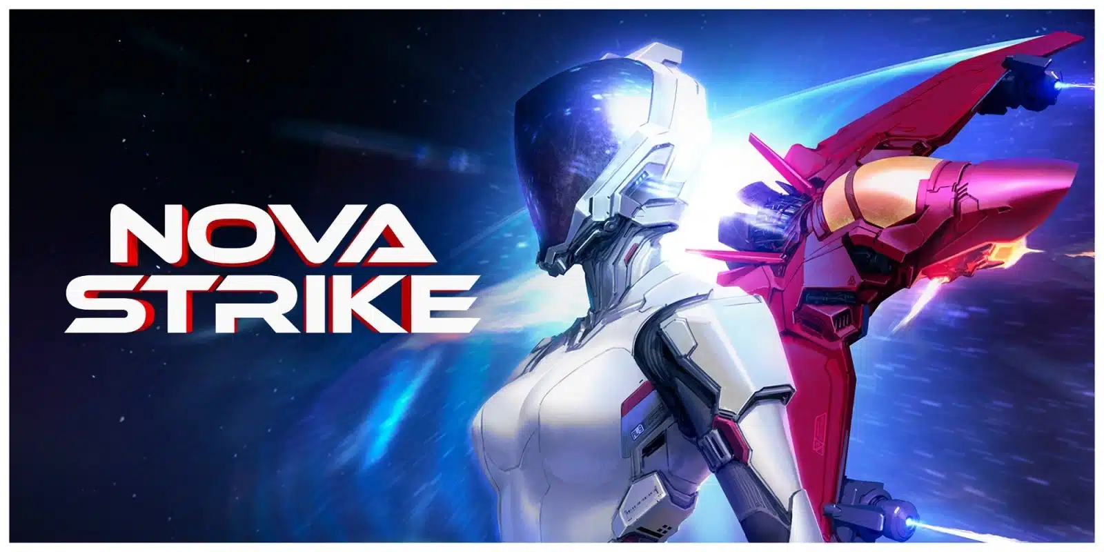 Nova Strike cover art depicting a spaceship and a woman in a spacesuit