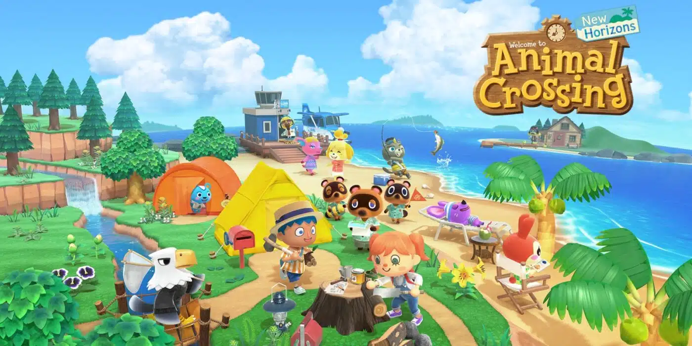 Animal crossing cover art depicting cartoon people and animals camping together