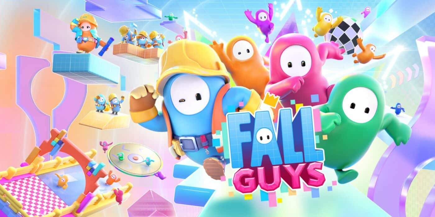 Fall guys cover art depicting jelly bean people running a foot race