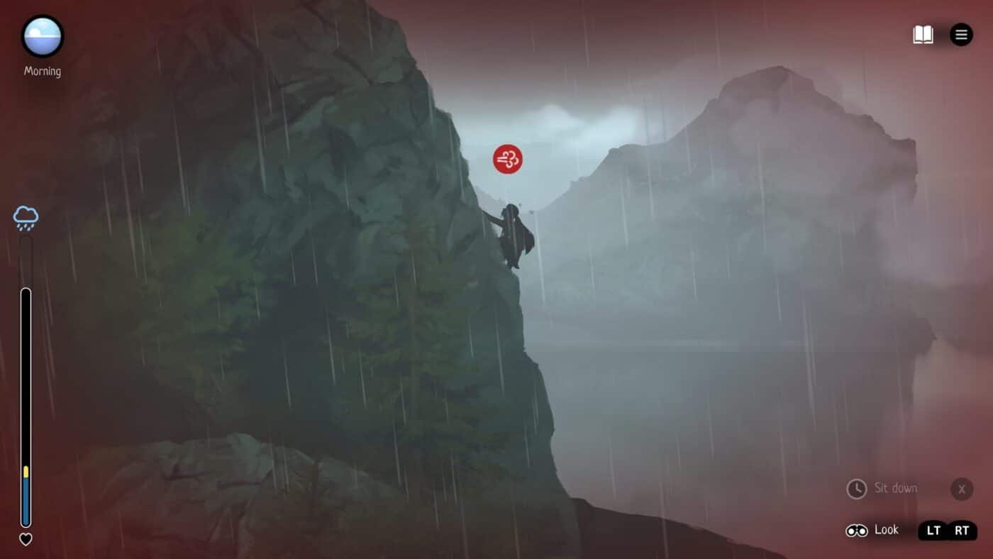 Moira climbs a cliff in the rain. An icon over her head indicates that she's getting winded.