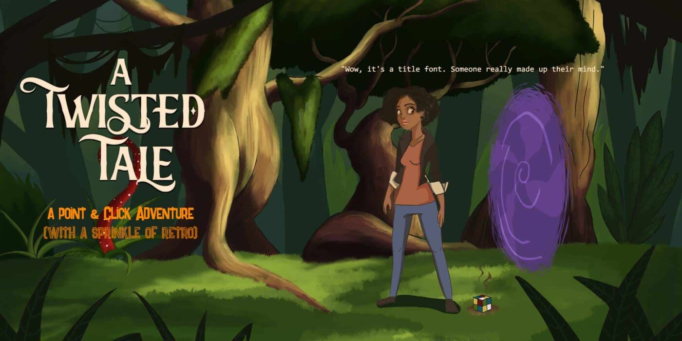 The promotional banner image for a twisted tale, showing main character vio stepping out of a purple portal with a puzzle-cube at her feet. Text above her head reads "wow, it's a title font. Someone really make up their mind. "