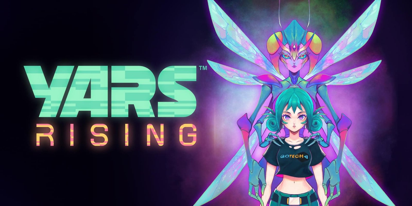 Yars rising key art depicting an insectoid alien standing behind an anime girl