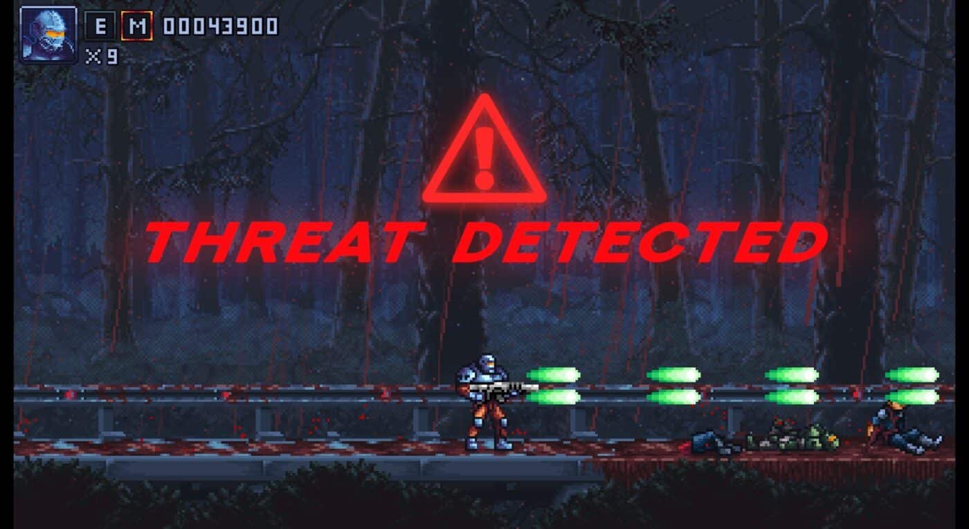 "threat detected" appears on screen while the protagonist fires into the distance in anticipation of a boss battle.