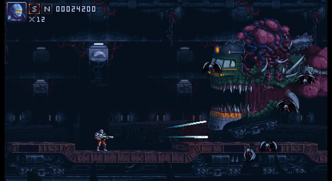 Boss battle. A train has been possessed by the meat and turned into a grotesque creature.