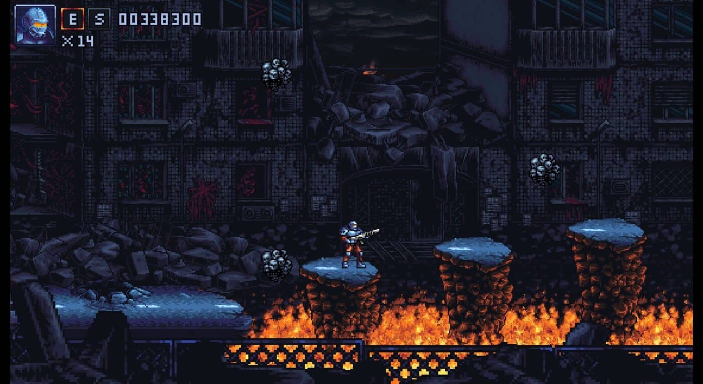 The protagonist jumps on platforms over a fiery pit