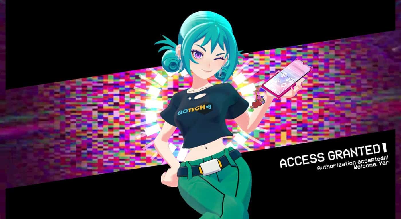 Emi winks at the camera while snapping her flip phone open. "access granted! " is displayed