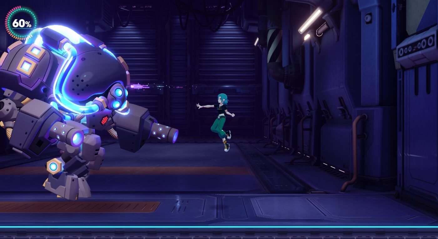 Emi fires an energy blast at a tall anime-style mecha