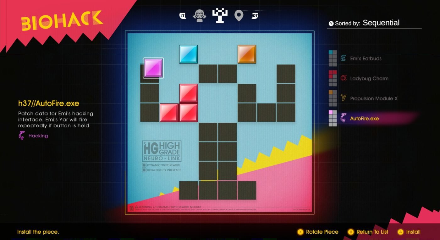 The inventory screen is made up of blocks shaped like the yar character. Upgrades to equip are shaped like tetris blocks that must be fit into the inventory.