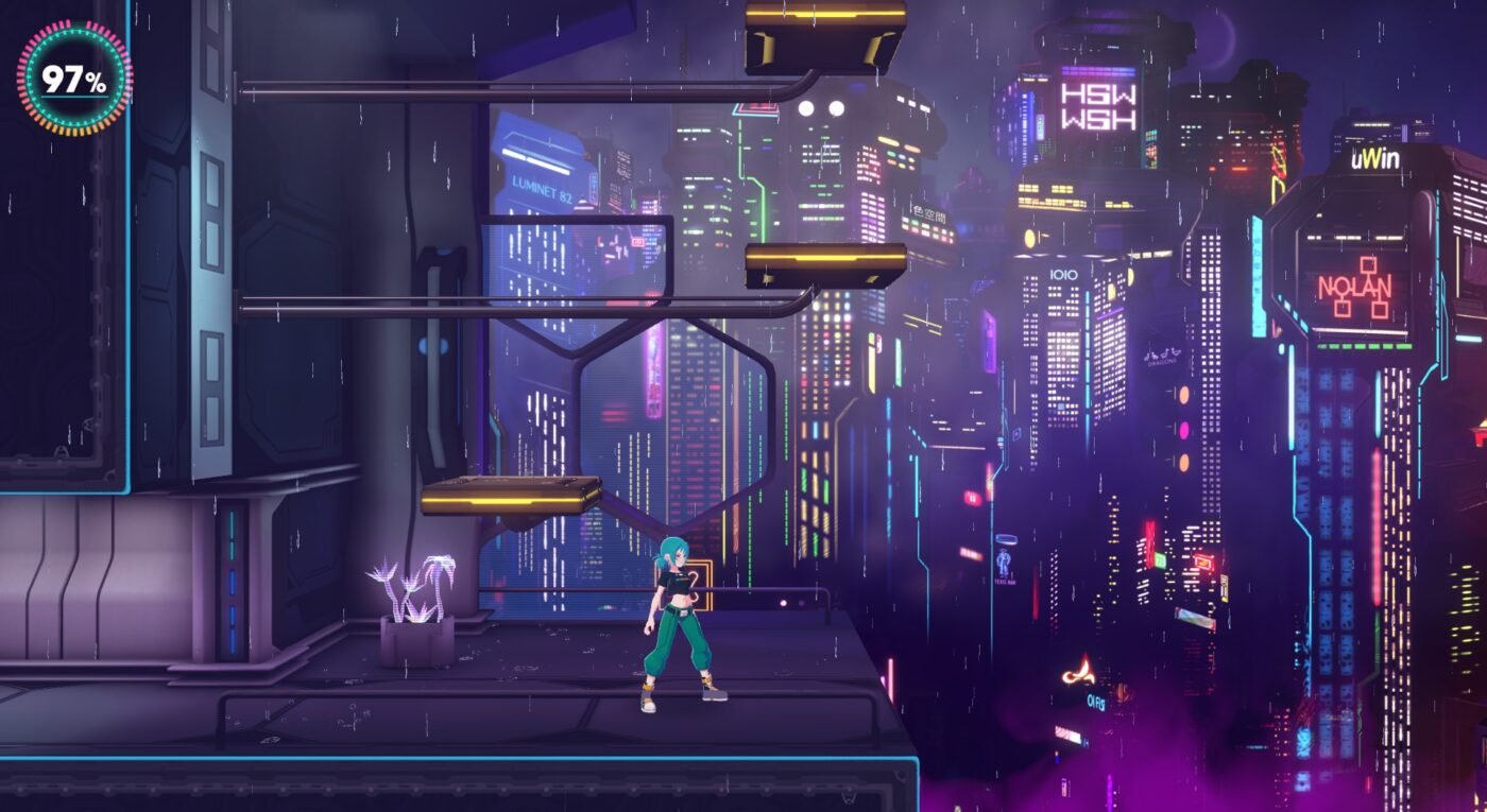 2. 5d gameplay. Emi stands on a rooftop with a neon cityscape in the background.