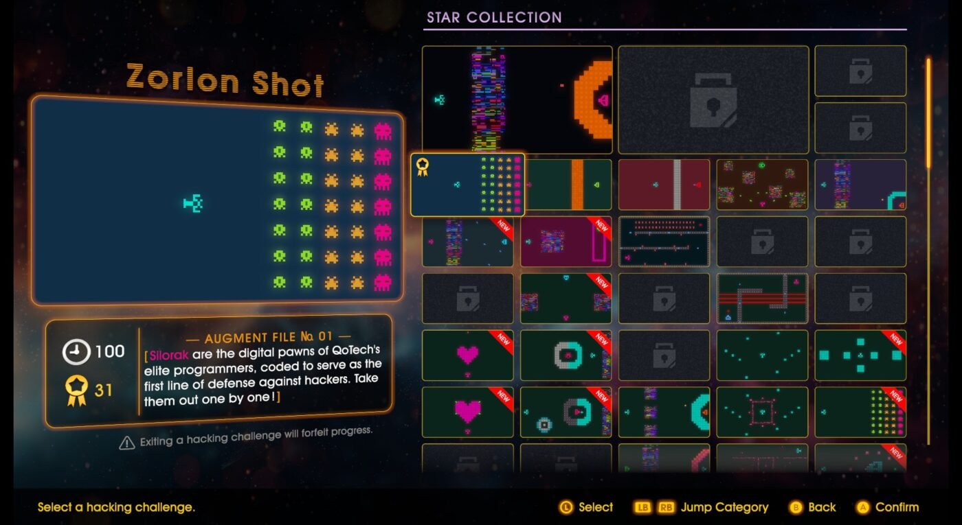 Minigame selection screen depicting dozens of options. Many are still locked.