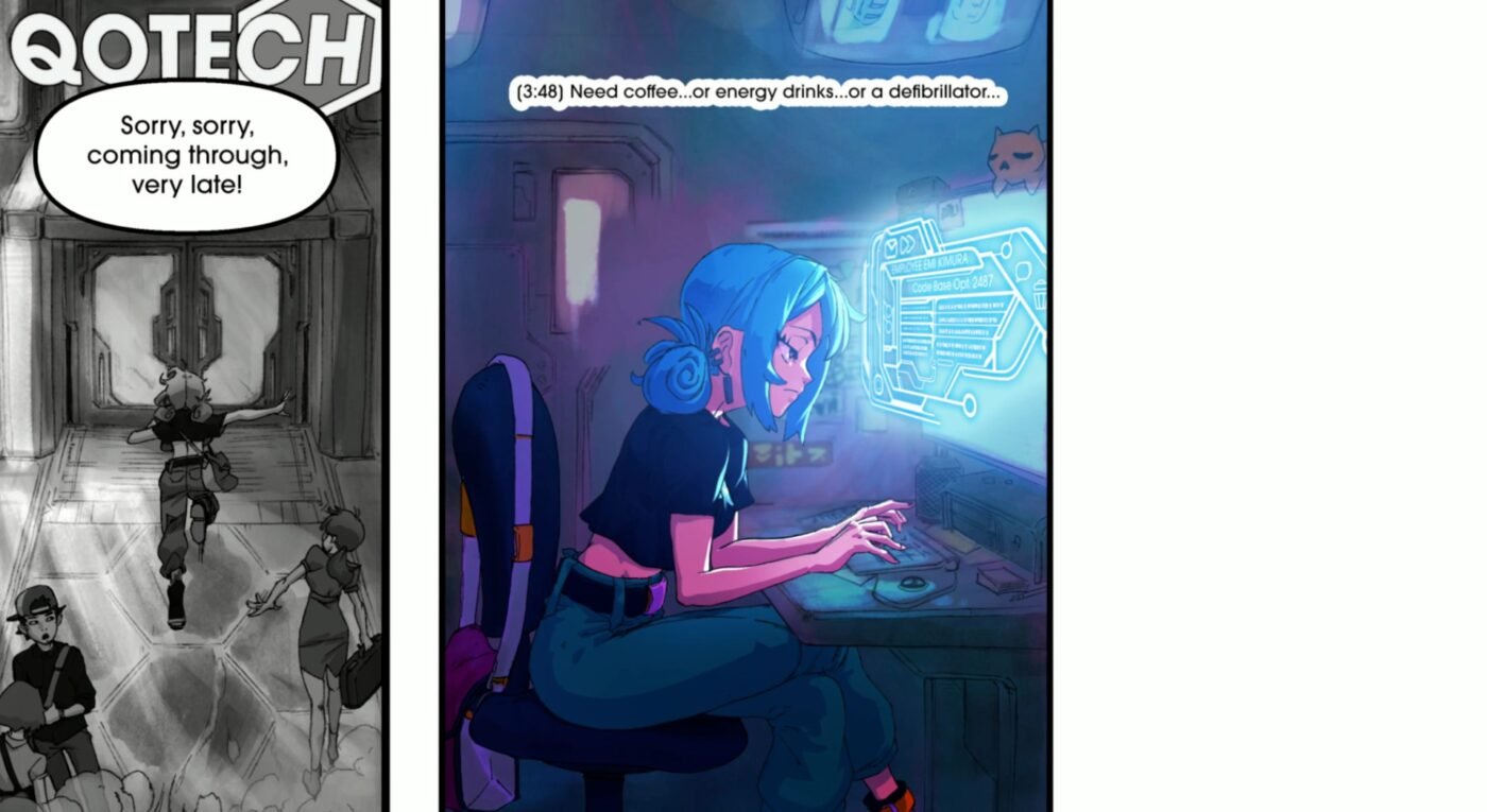 Comic book panel. Emi is staring at the computer screen. She looks sleepy and is wishing for coffee, energy drinks, or a defibrillator.