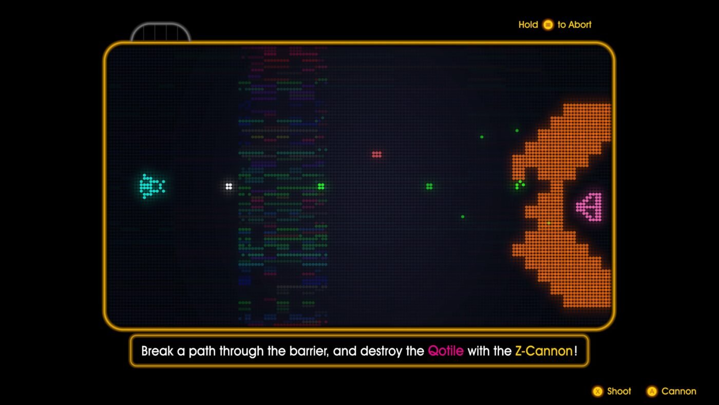 Yars revenge gameplay, but depicting by a set of discreet round dots