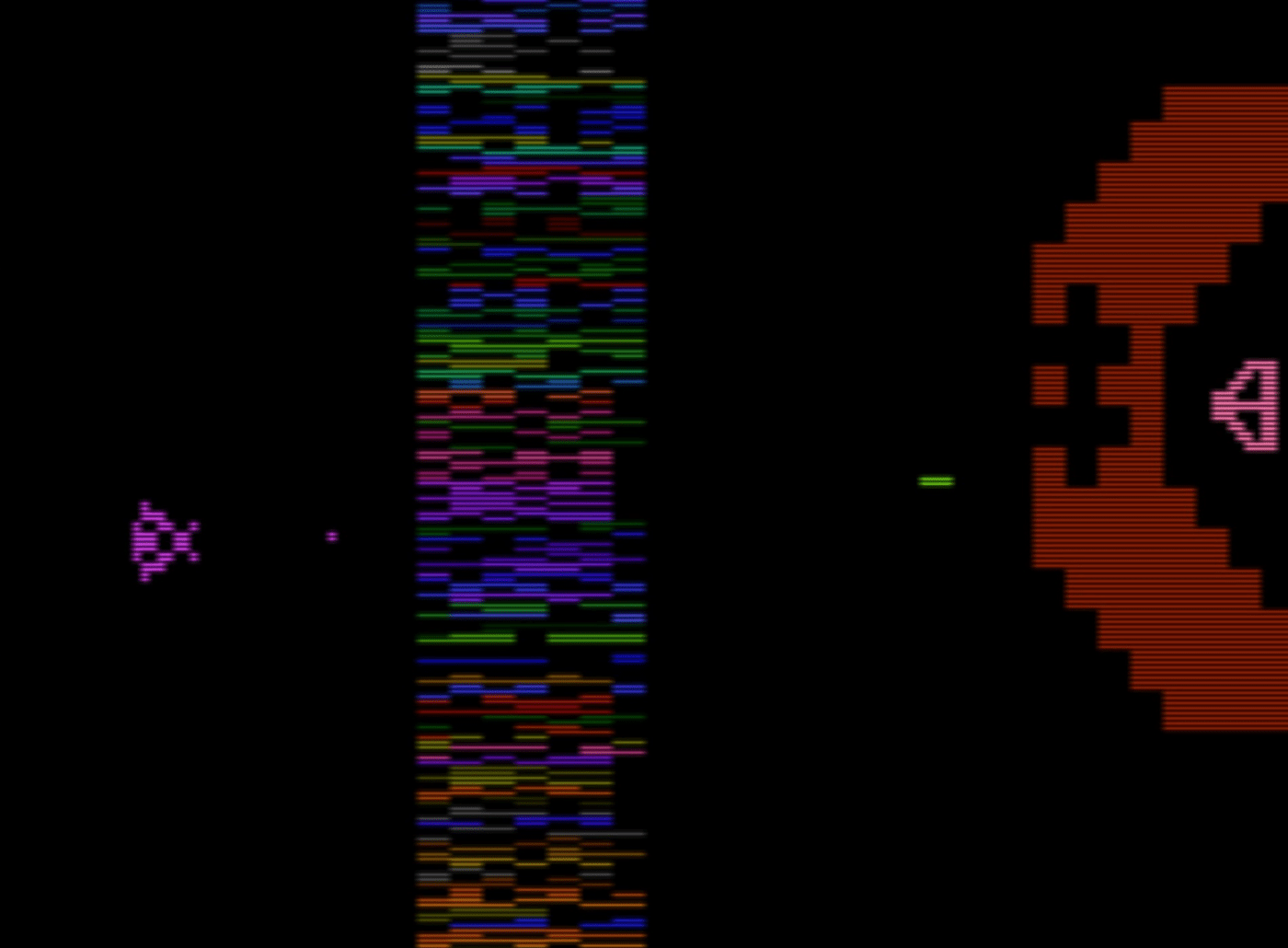 Yars revenge screenshot. A primitive pixel art insect fires a projectile at a pentagon-shaped enemy. They are separated by a field of rainbow pixels and a brown block barrier.