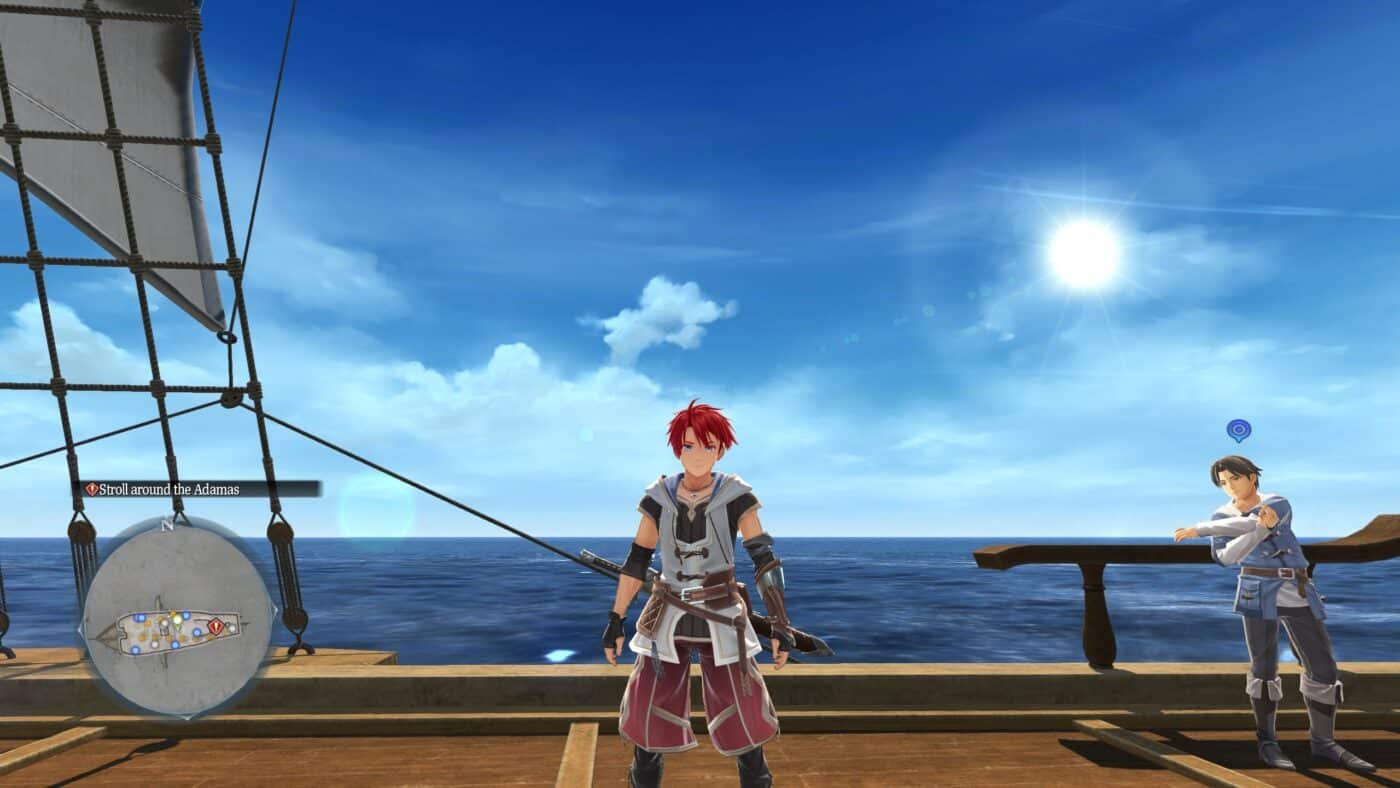 Adol stands on the deck of a ship