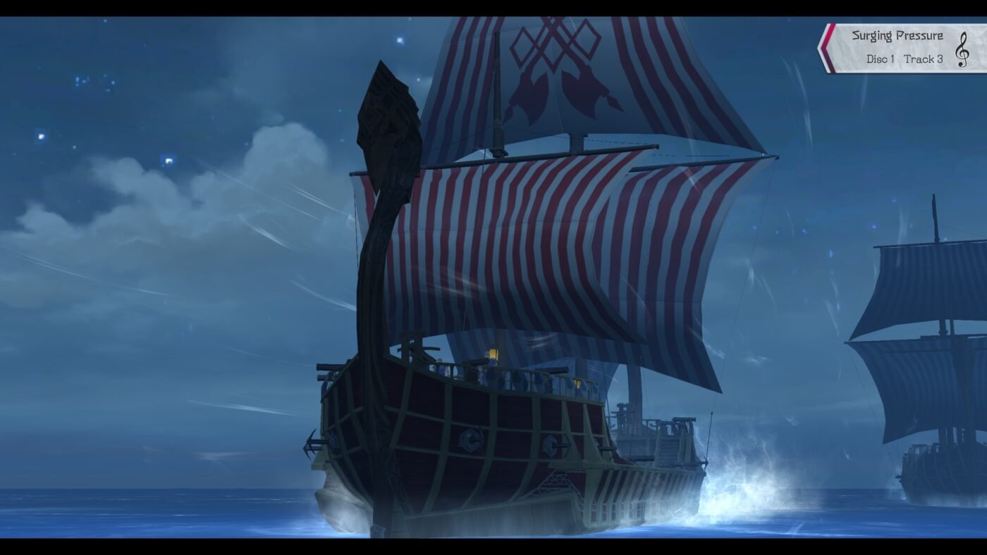 A ship crests a wave, the title of the song playing appears in the corner