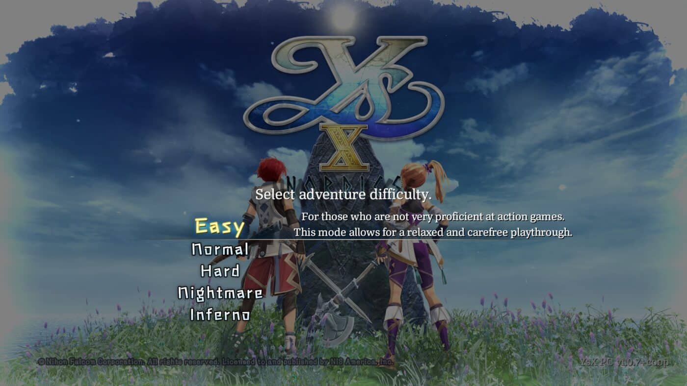 In ys 10, the difficulty selection screen has options from easy to inferno