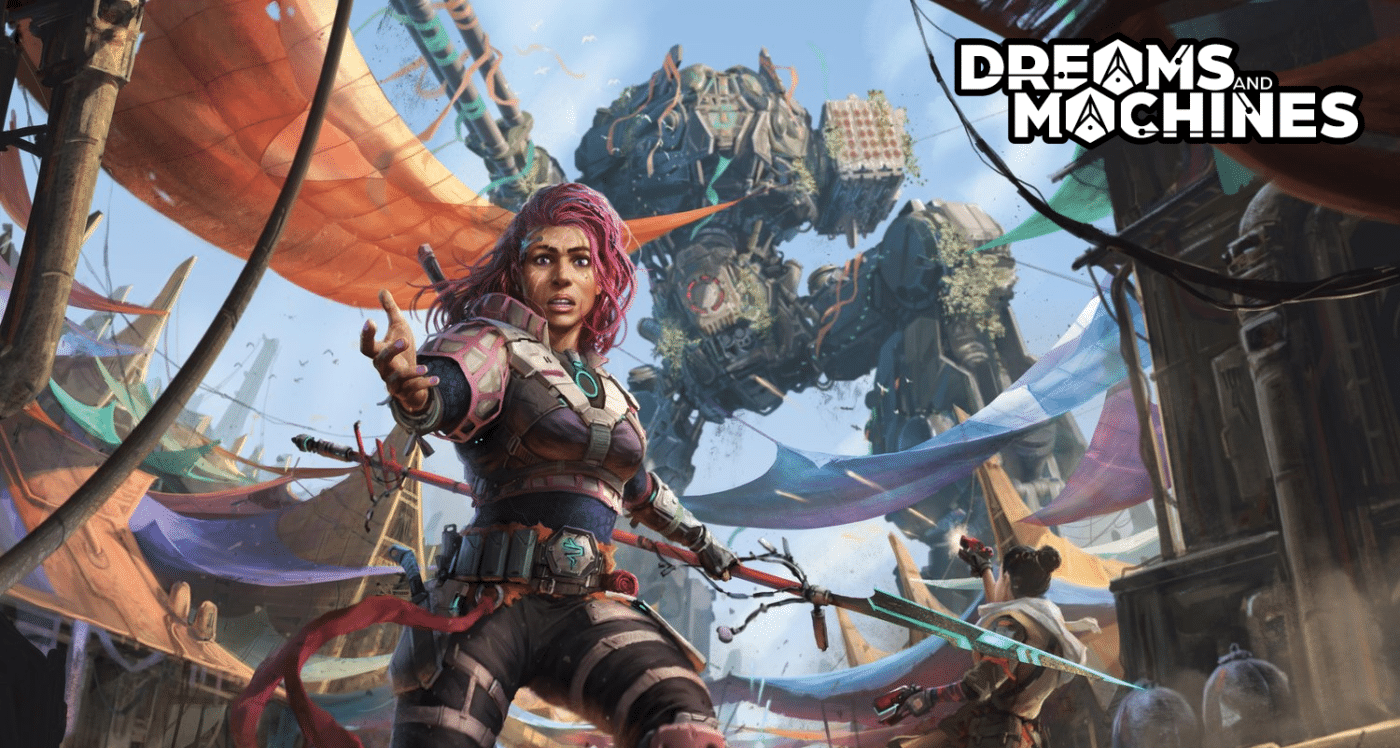 Dream and machine cover art depicting an elf standing in front of a giant steampunk robot