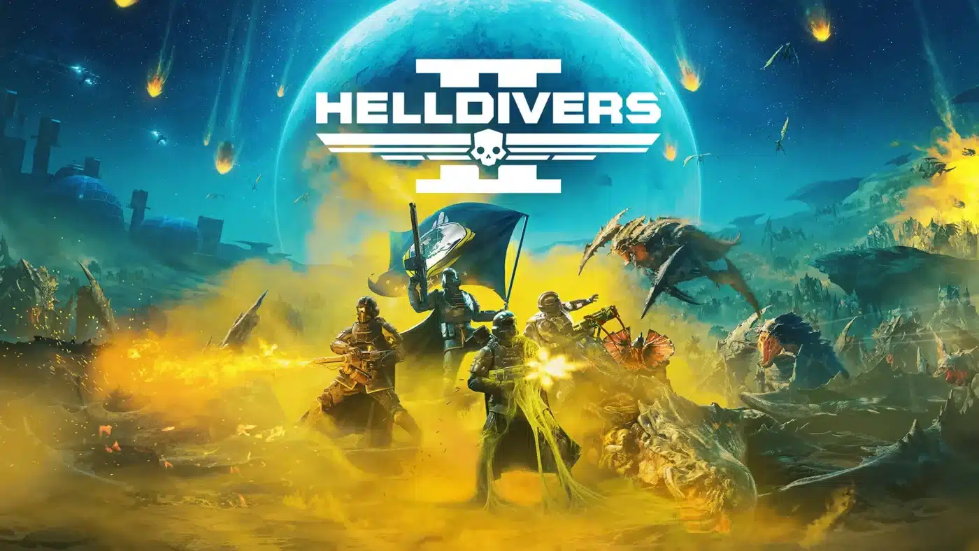 Helldivers 2 cover art depicting space marines in battle