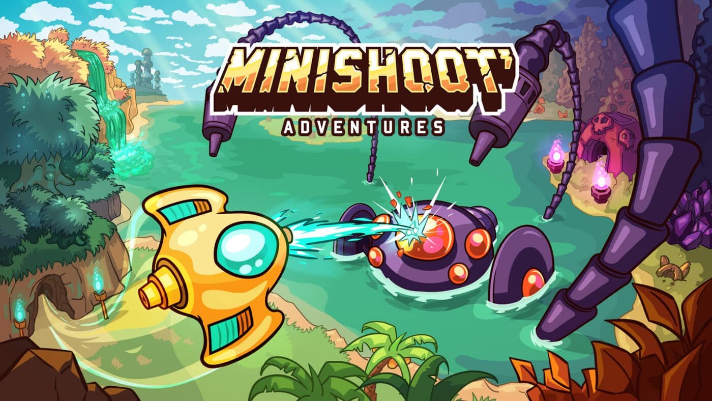 Minishoot cover art depicting a tiny spaceship blasting an aquatic robot