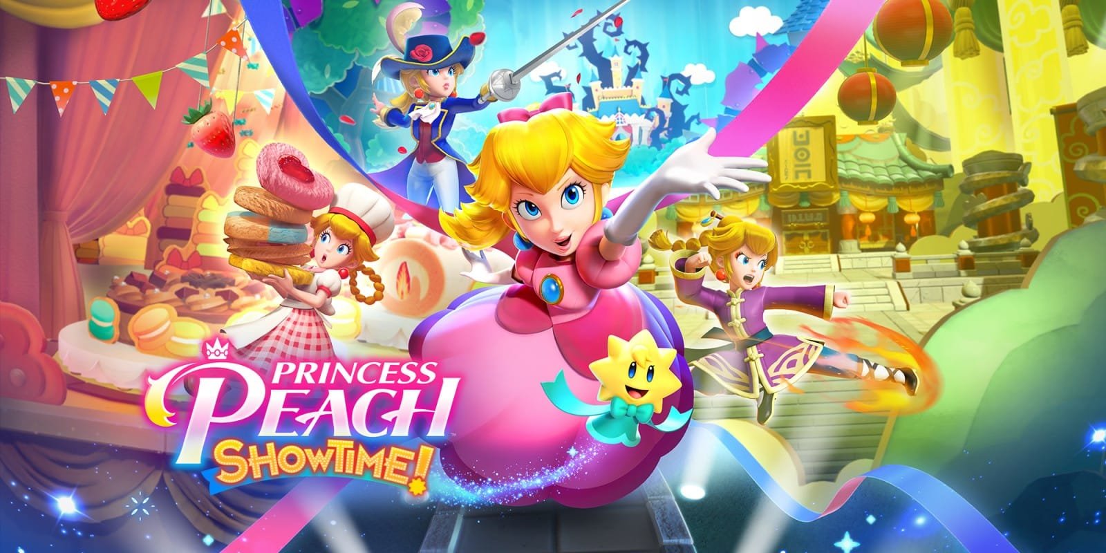 Princess peach showtime cover art depicting peach as a chef, sword fighter, and kung-fu fighter