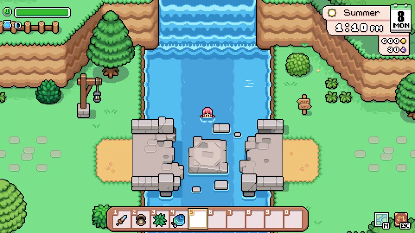 A screenshot from fields of mistria. A character is half-submerged in a river between a waterfall and a bridge, treading water but in no apparent danger of drowning.