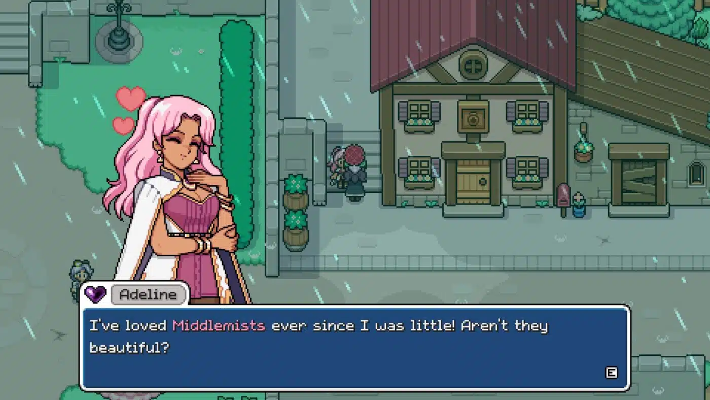 A screenshot from the game fields of mistria. Two characters meet alongside a building on a dim, rainy day. A pink-haired young woman is shown in the foreground, encircled by hearts and remarking "i've loved Middlemists ever since I was little! Aren't they beautiful?"