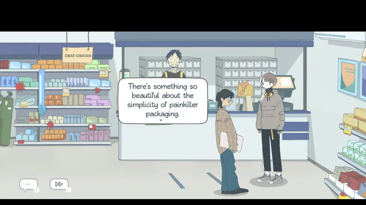A screenshot from the game afterlove ep. Two characters are talking in a drugstore, one saying "there's somethign so beautiful about the simplicity of painkiller packaging."