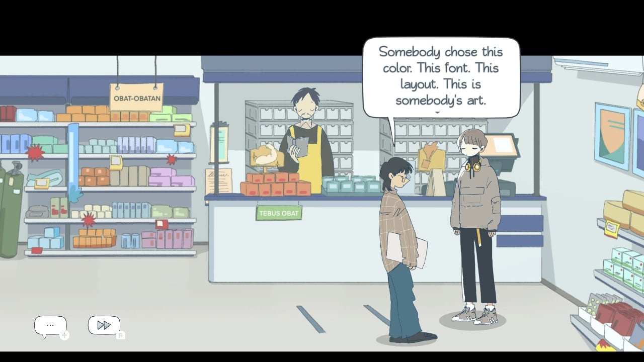 A screenshot from the game afterlove ep. Two characters are talking in a drugstore, one saying "somebody chose this color. This font. This layout. This is somebody's art."