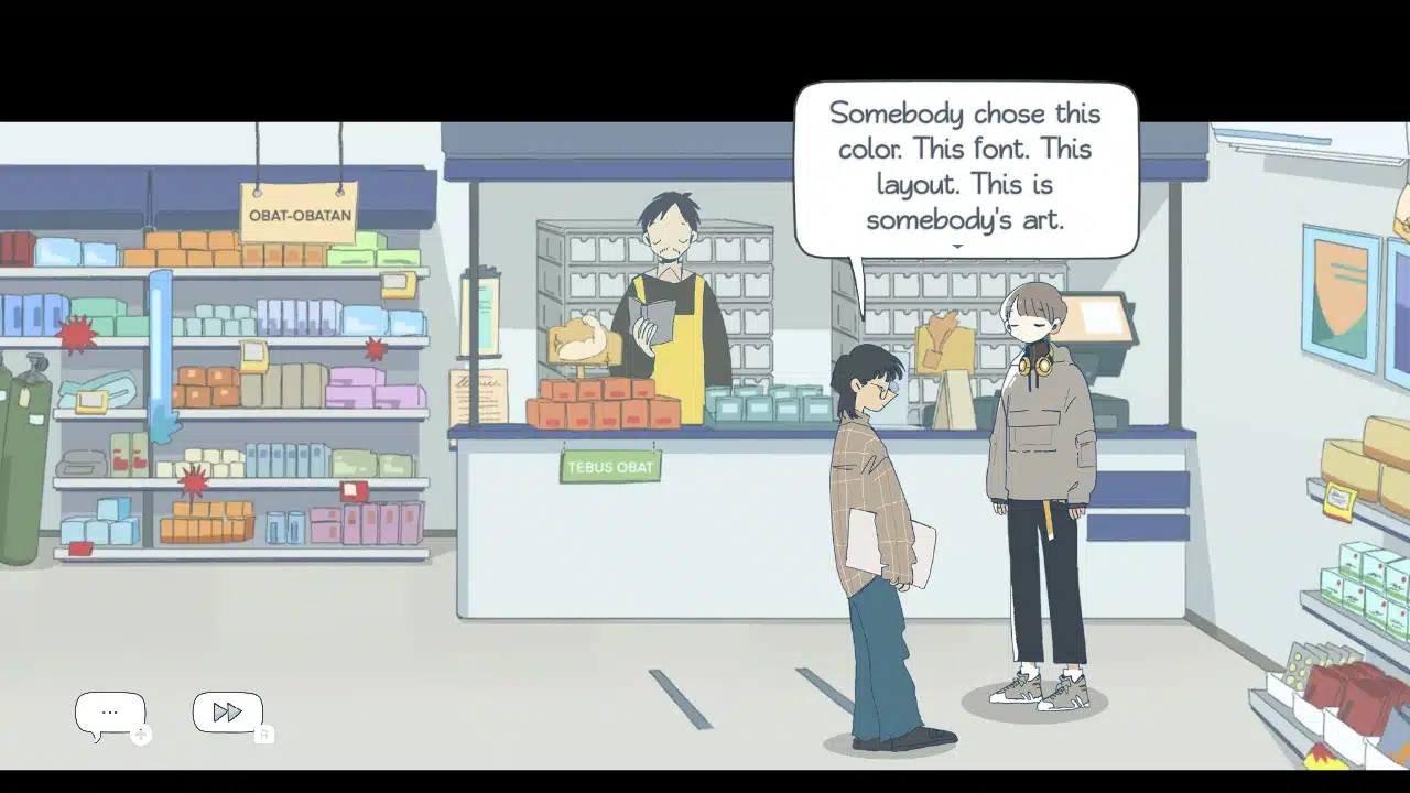 A screenshot from the game afterlove ep. Two characters are talking in a drugstore, one saying "somebody chose this color. This font. This layout. This is somebody's art."