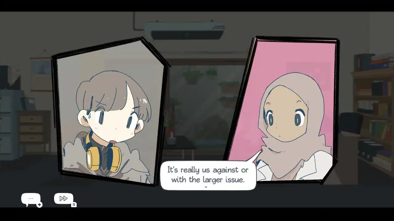 A screenshot from the game afterlove ep. Two people are having a discussion in a therapist's office , illustrated as two talking heads - one focusing intently, the other maintaining a neutral expression. The neutral head offers "it's really us against or with the larger issue. "