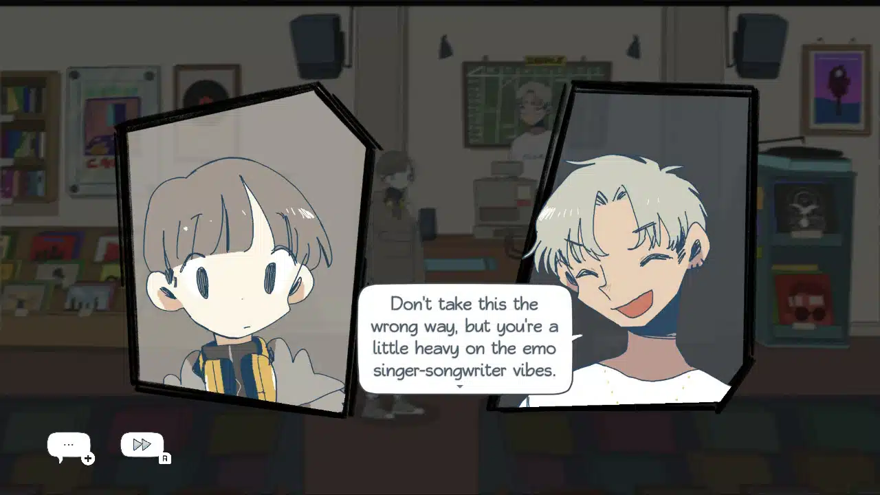 A screenshot from the game afterlove ep. Two people are having a discussion in a record store, illustrated as two talking heads - one laughing, the other bewildered. The laughing head says "don't take this the wrong way, but you're a little heavy on the emo singer-songwriter vibes. "