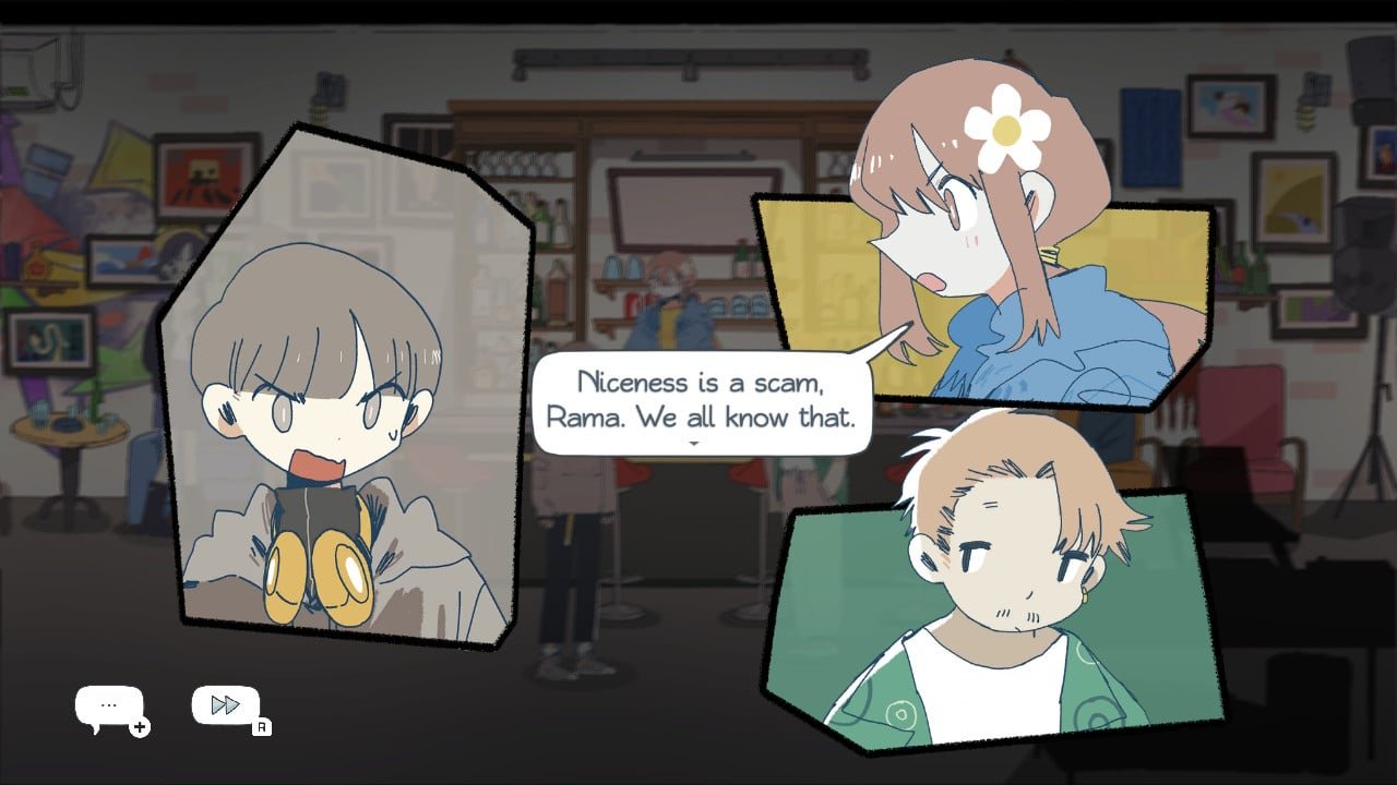 A screenshot from the game afterlove ep. A three-person band is having a discussion in a bar, illustrated as three talking heads - one subdued, one annoyed, and another actively angry. The annoyed girl declares "niceness is a scam, rama. We all know that. "
