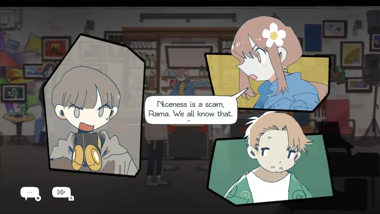 A screenshot from the game afterlove ep. A three-person band is having a discussion in a bar, illustrated as three talking heads - one subdued, one annoyed, and another actively angry. The annoyed girl declares "niceness is a scam, rama. We all know that. "