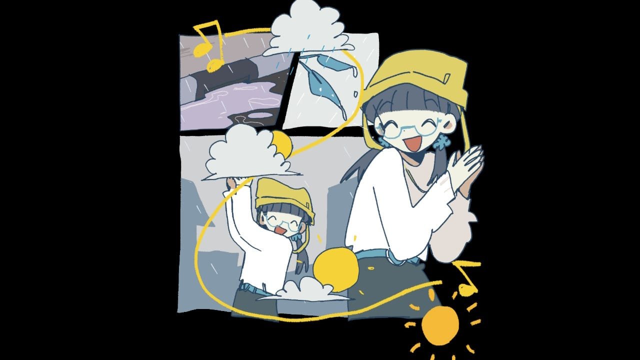A screenshot from the game afterlove ep. A girl with pigtails is shown dancing in the rain until it becomes sunny.
