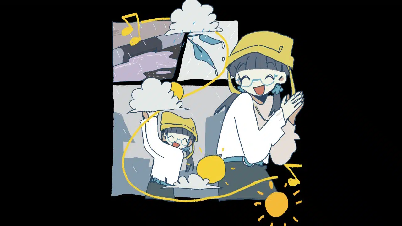 A screenshot from the game afterlove ep. A girl with pigtails is shown dancing in the rain until it becomes sunny.