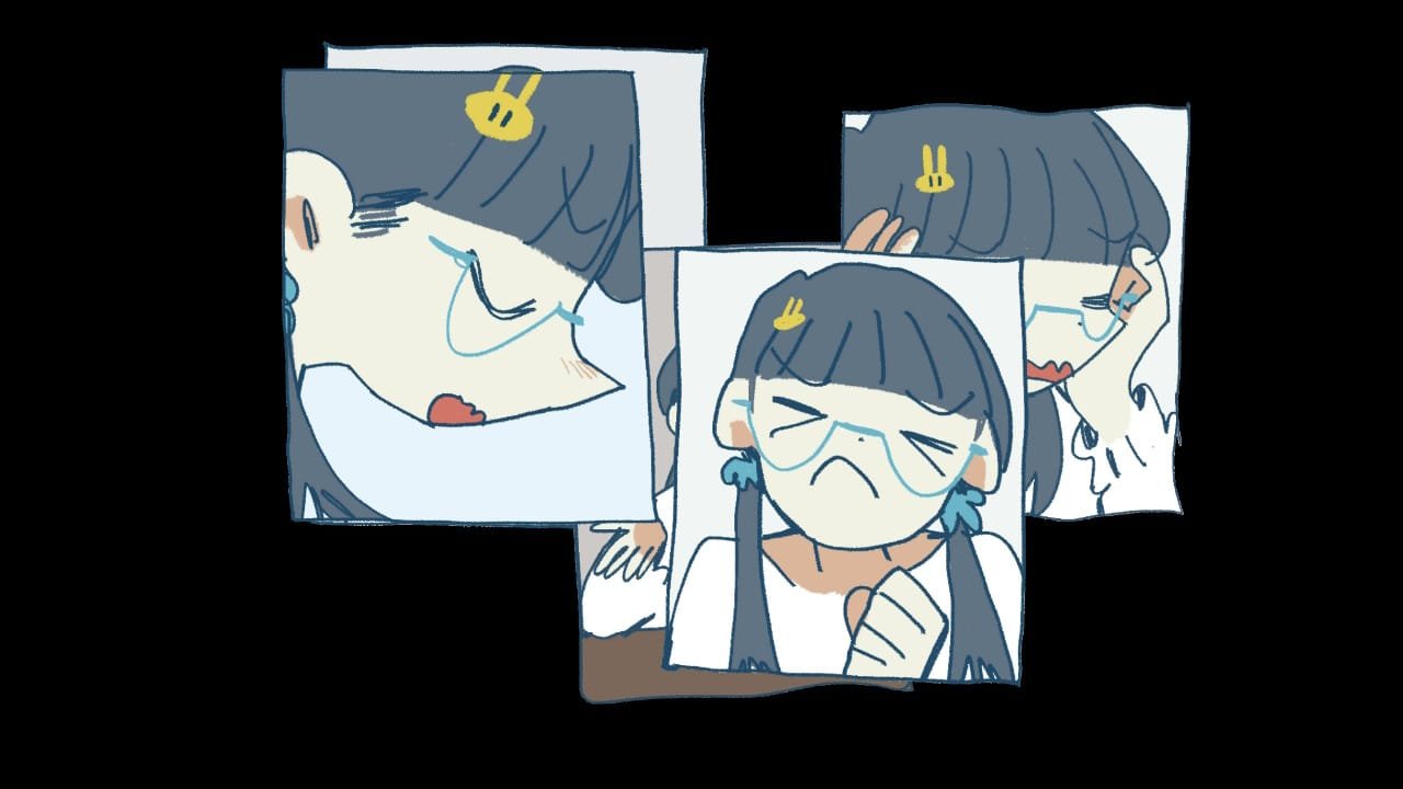 A screenshot from the game afterlove ep. A girl with pigtails is shown in multiple overlapping pictures wearing different vibrant expressions.